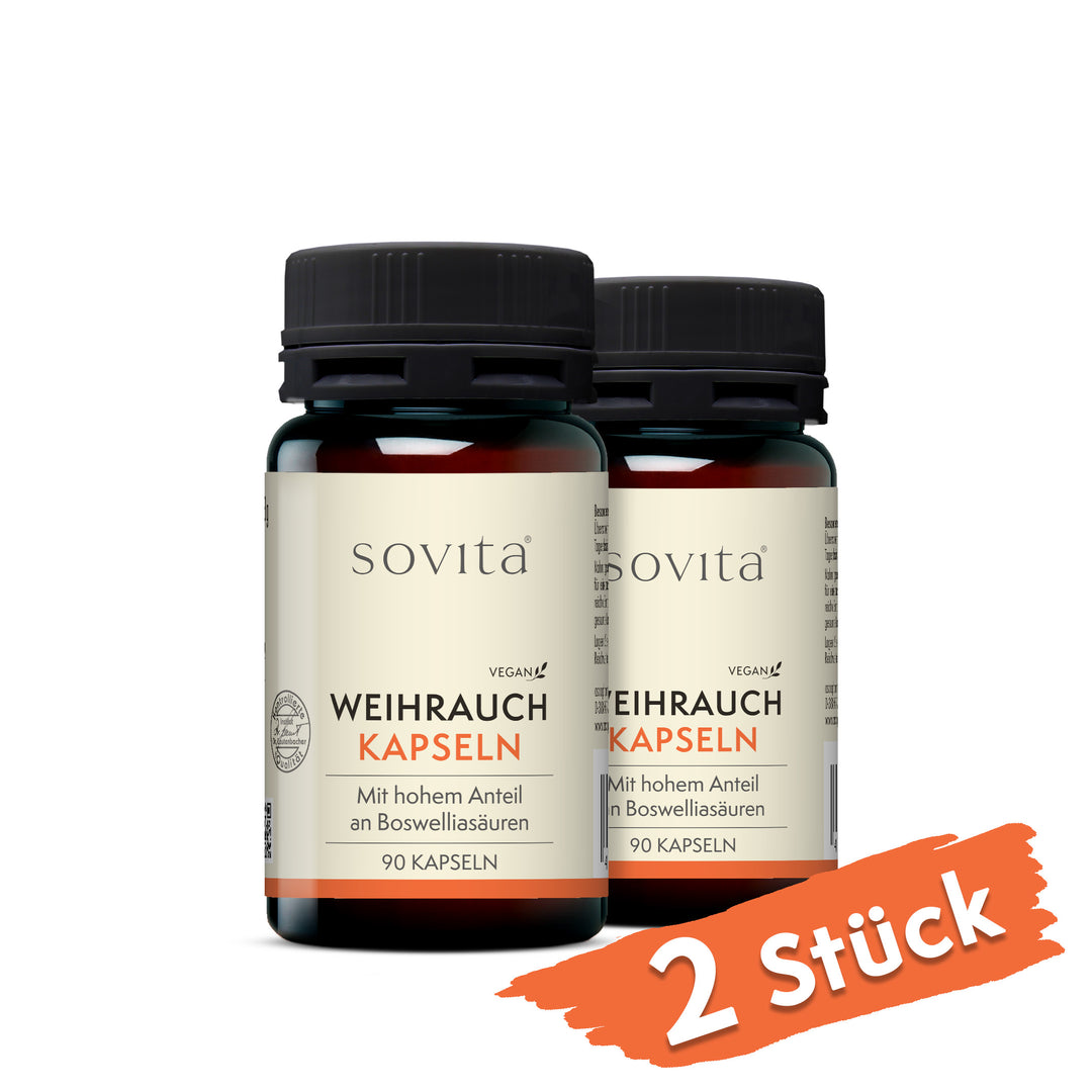 Zwei Dosen sovita Weihrauch Kapseln nebeneinander mit Hinweis „2er Set – Vorrat für 6 Monate“
