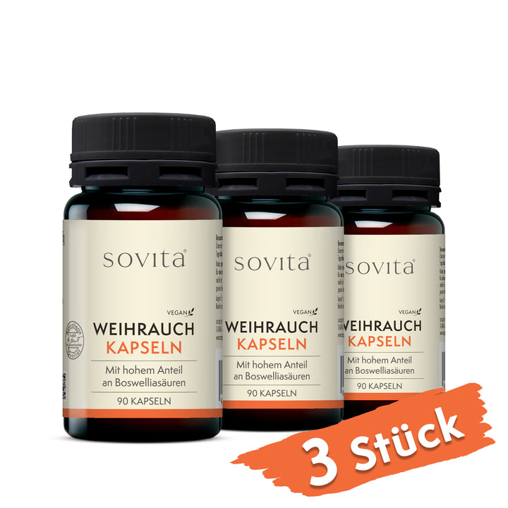 Drei Dosen sovita Weihrauch Kapseln nebeneinander mit Hinweis „3er Set – Vorrat für 9 Monate“