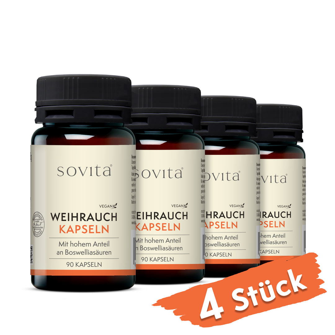 Vier Dosen sovita Weihrauch Kapseln nebeneinander mit Hinweis „4er Set – Vorrat für 12 Monate“