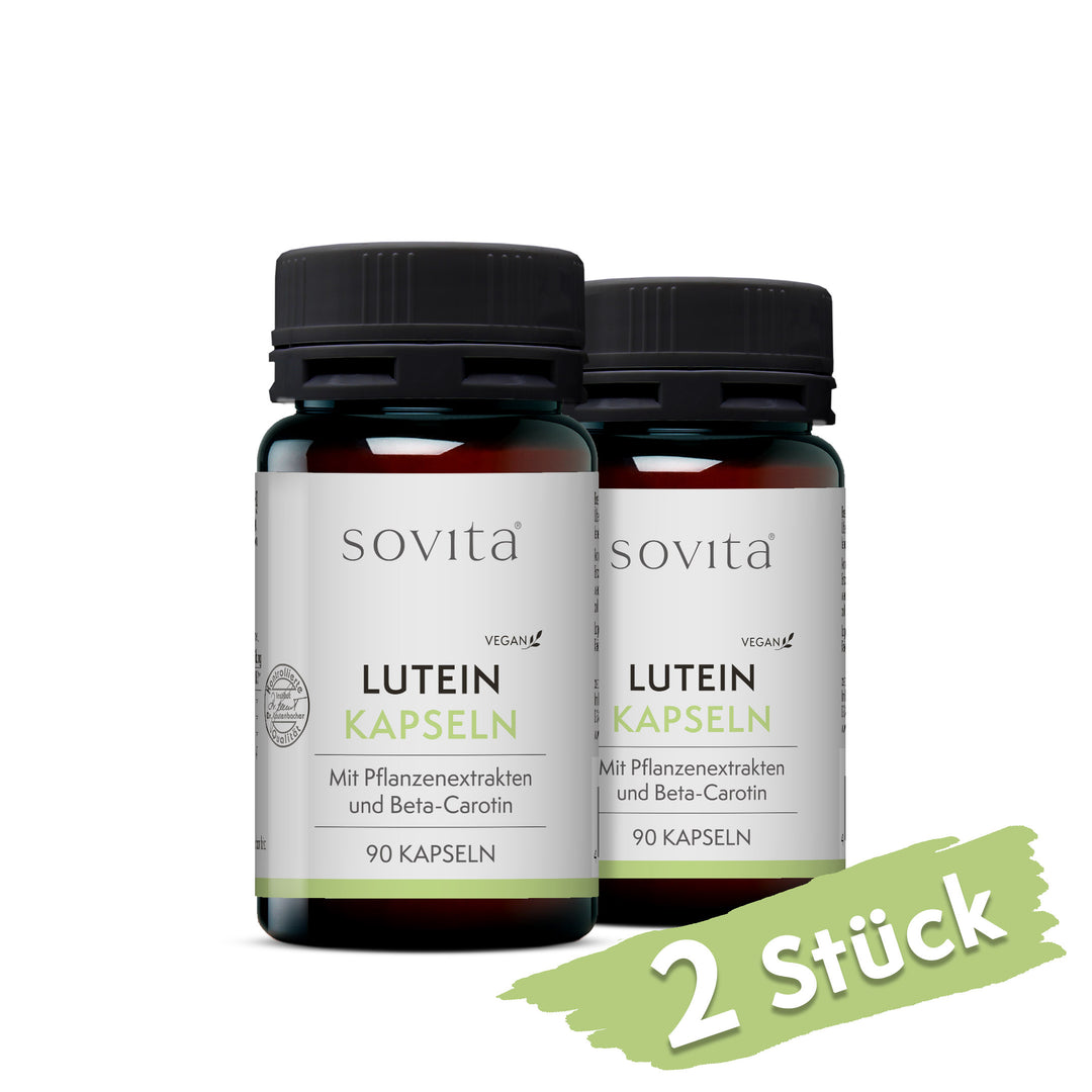 Zwei Dosen sovita Lutein Kapseln nebeneinander mit dem Hinweis „2 Stück“.