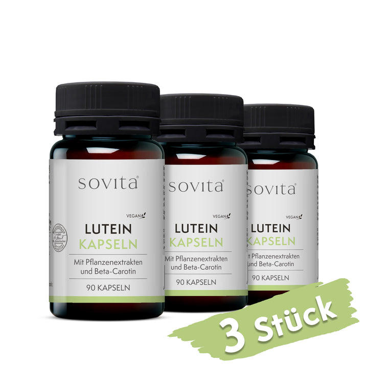 Drei Dosen sovita Lutein Kapseln nebeneinander mit dem Hinweis „3 Stück“.