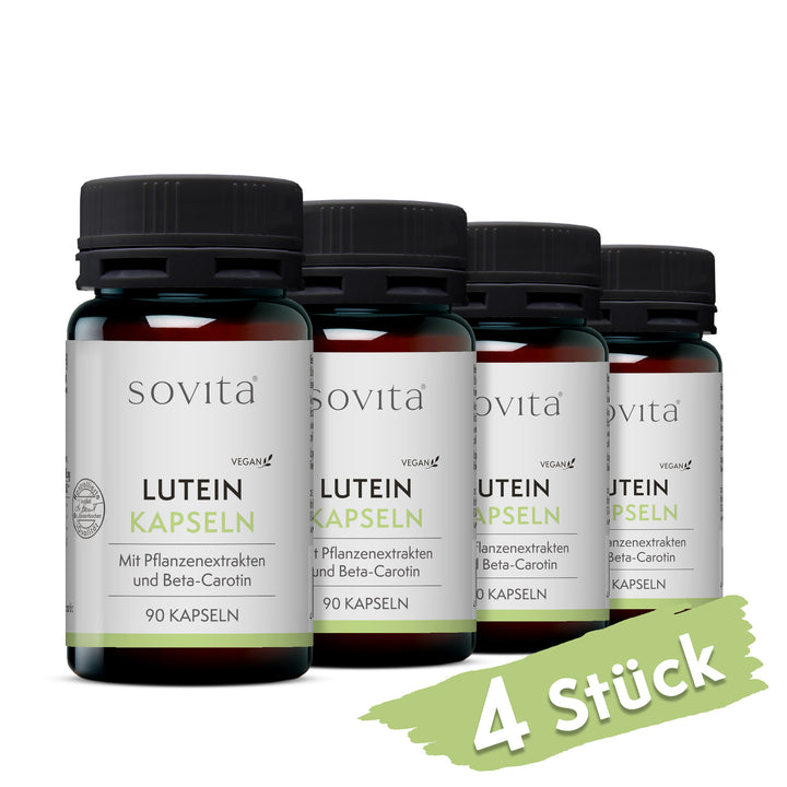 Vier Dosen sovita Lutein Kapseln nebeneinander mit dem Hinweis „4 Stück“.