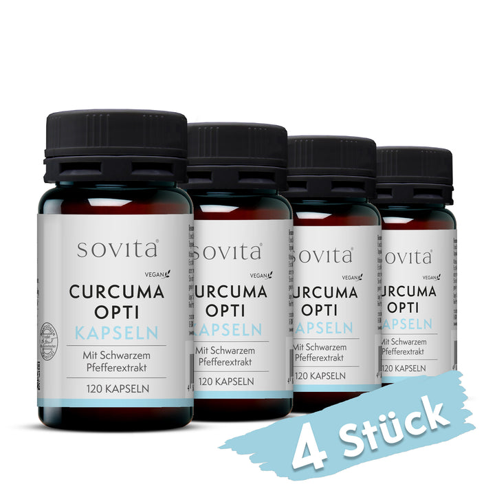 Vier Dosen sovita Curcuma Opti Kapseln nebeneinander mit dem Hinweis „4er Set“
