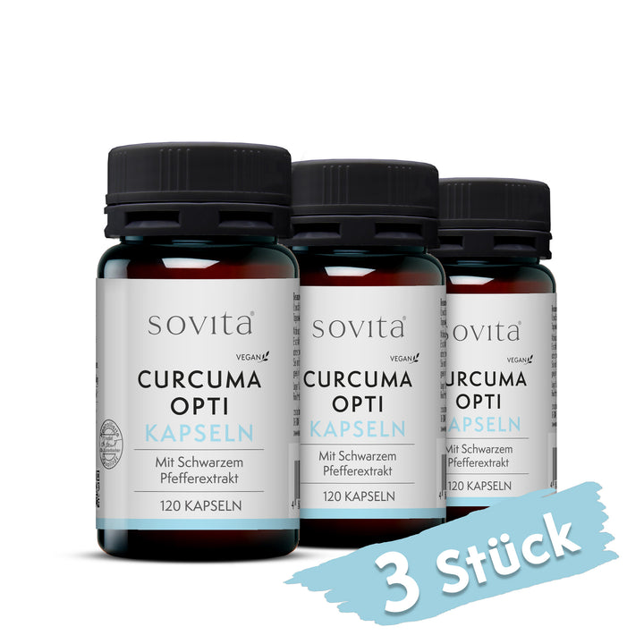 Drei Dosen sovita Curcuma Opti Kapseln nebeneinander mit dem Hinweis „3er Set“