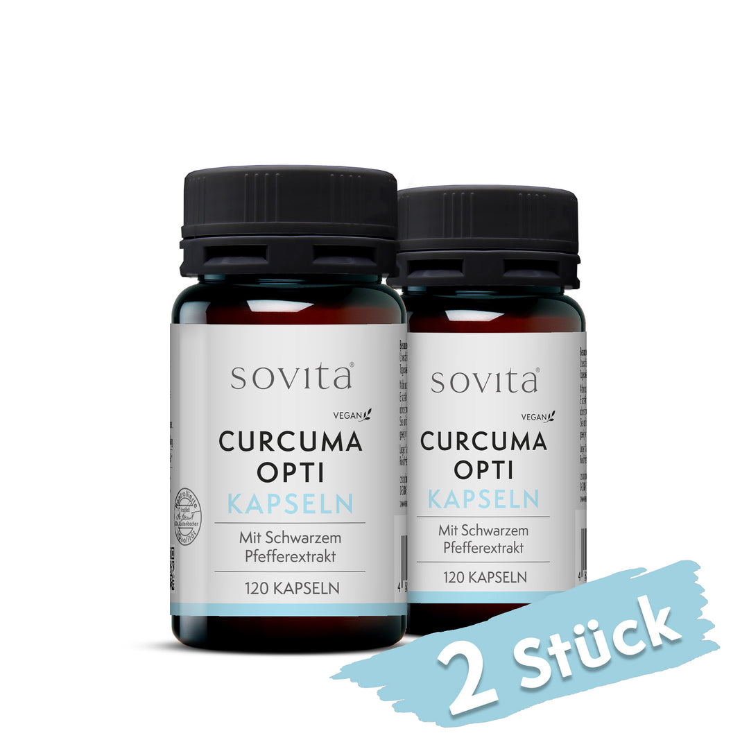 Zwei Dosen sovita Curcuma Opti Kapseln nebeneinander mit dem Hinweis „2er Set“