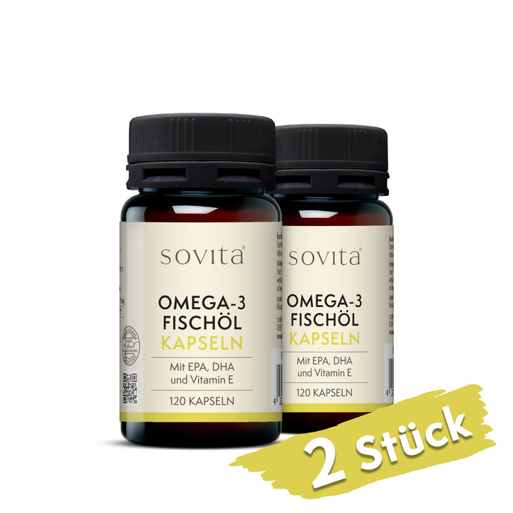 Zwei Dosen sovita Omega-3 Fischöl Kapseln mit Hinweis „2 Stück“