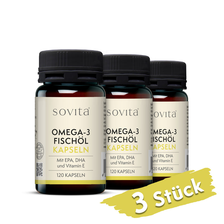 Drei Dosen sovita Omega-3 Fischöl Kapseln mit Hinweis „3 Stück“