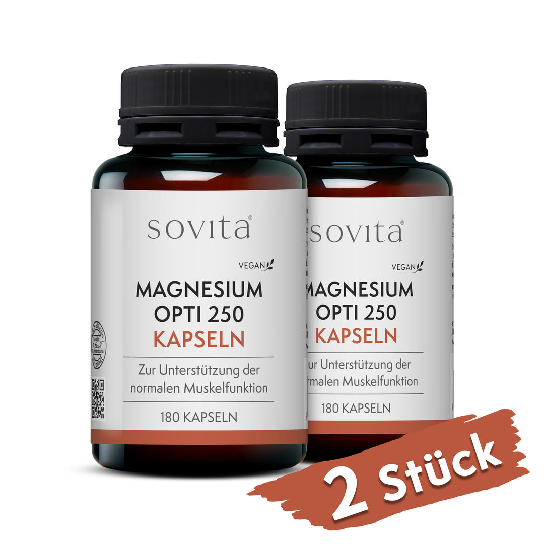 Zwei Dosen sovita Magnesium Opti 250 Kapseln nebeneinander mit dem Hinweis „2 Stück“.