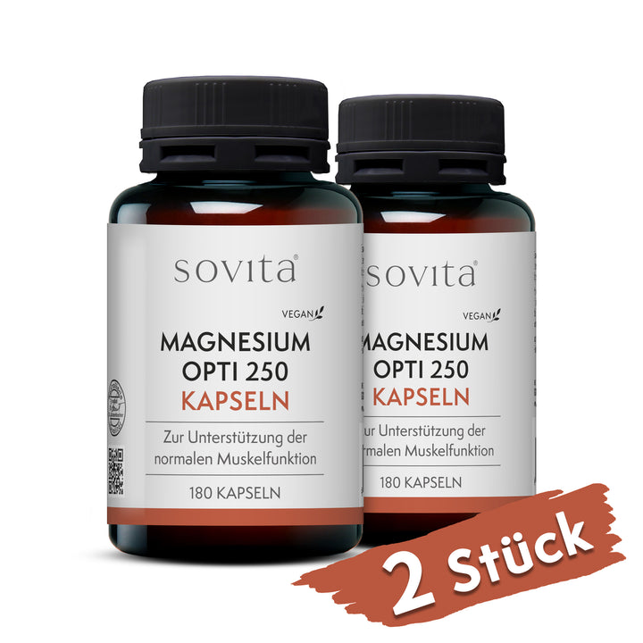 Zwei Dosen sovita Magnesium Opti 250 Kapseln nebeneinander mit dem Hinweis „2 Stück“.