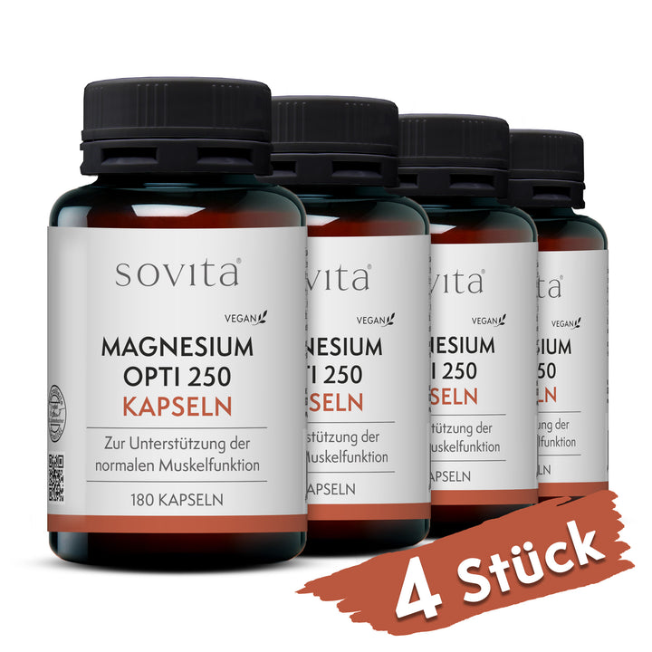 Vier Dosen sovita Magnesium Opti 250 Kapseln nebeneinander mit dem Hinweis „4 Stück“.