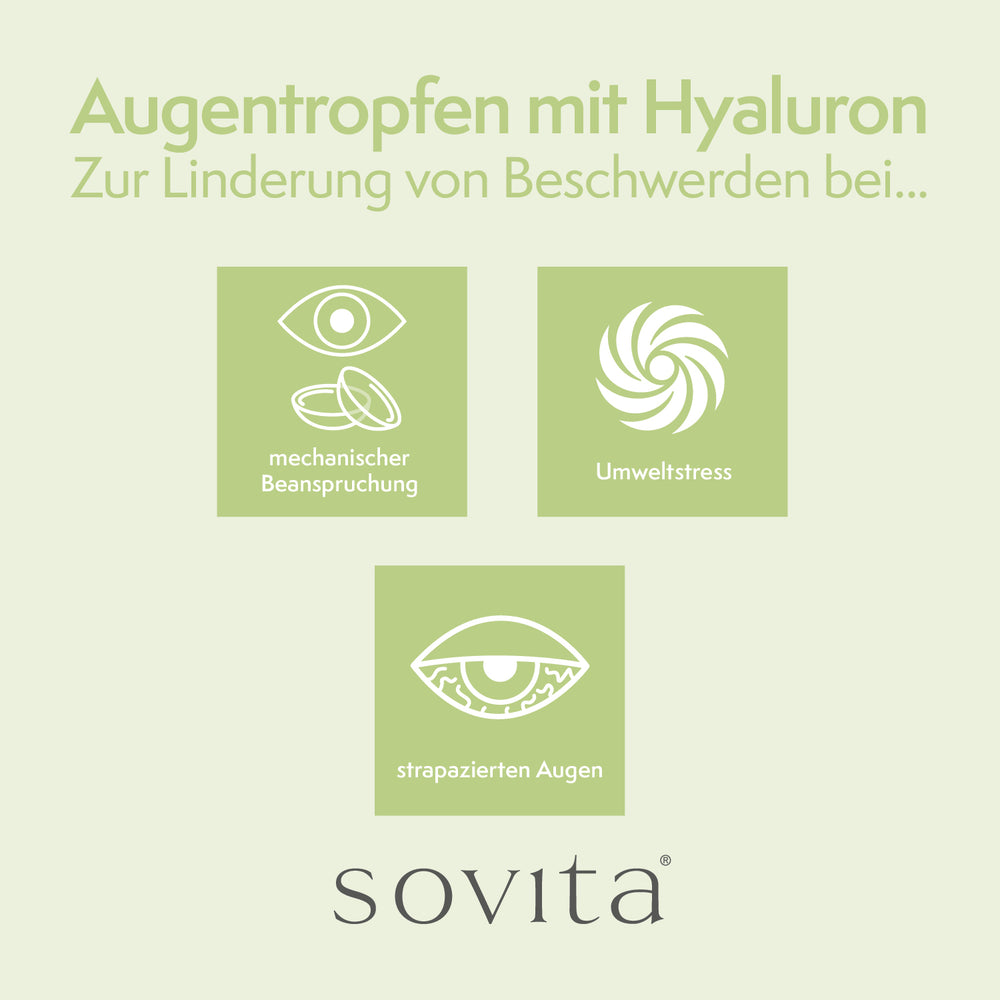 Grafik zu Sovita Augentropfen mit Hyaluron – lindert Beschwerden bei mechanischer Beanspruchung, Umweltstress und strapazierten Augen.