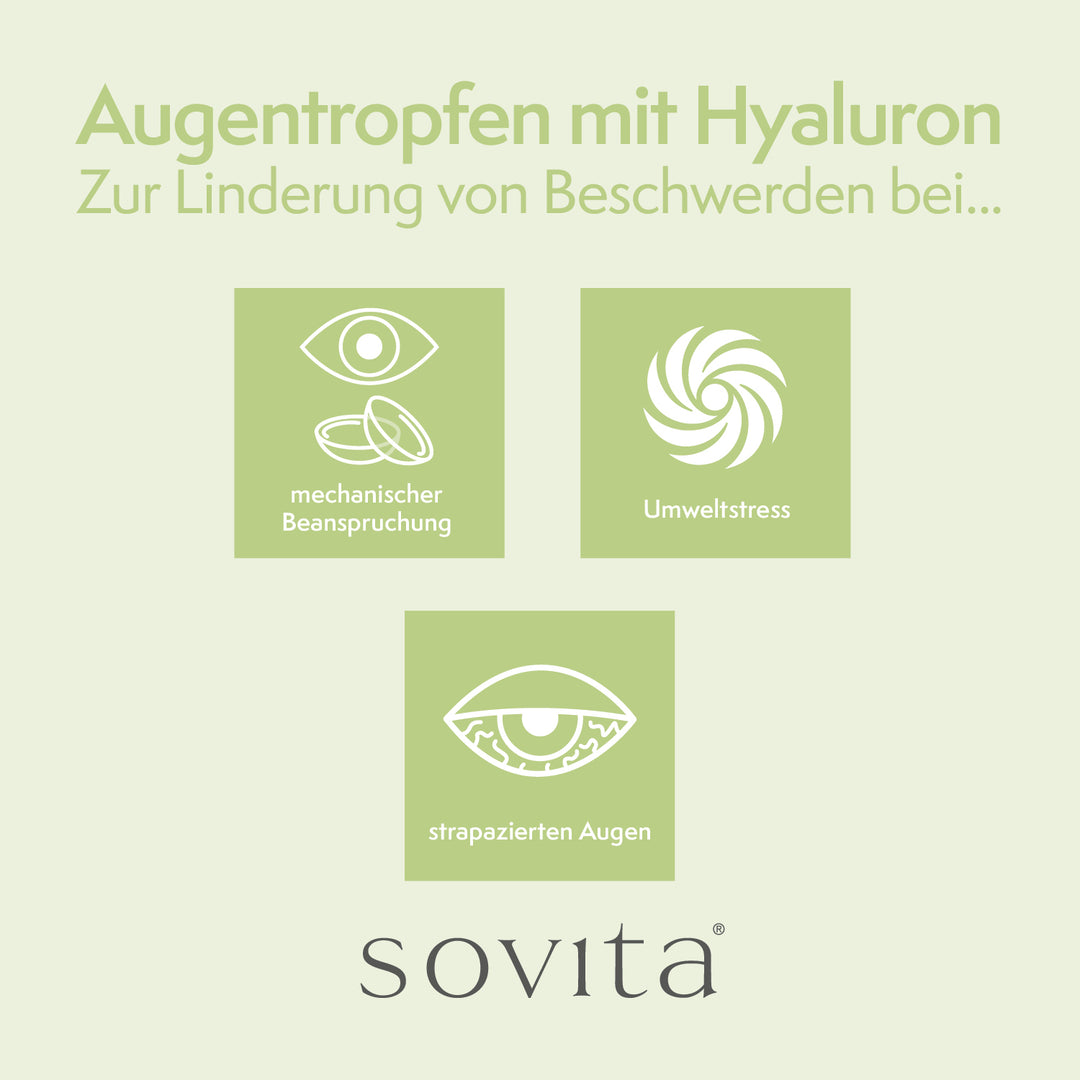 Grafik zu Sovita Augentropfen mit Hyaluron – lindert Beschwerden bei mechanischer Beanspruchung, Umweltstress und strapazierten Augen.