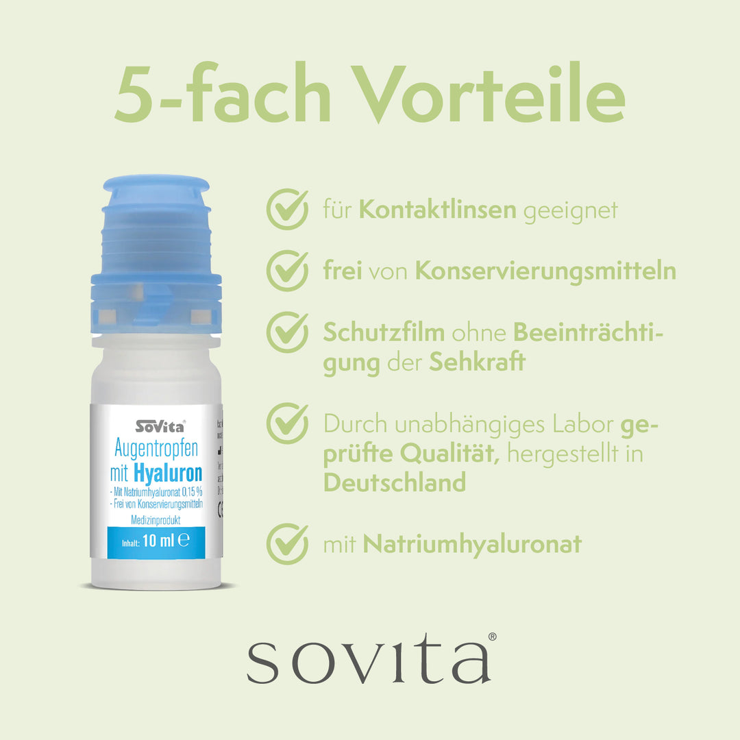 Sovita Augentropfen mit Hyaluron – Vorteile: für Kontaktlinsen geeignet, frei von Konservierungsstoffen, Schutzfilm ohne Beeinträchtigung der Sehkraft, geprüfte Qualität, mit Natriumhyaluronat.