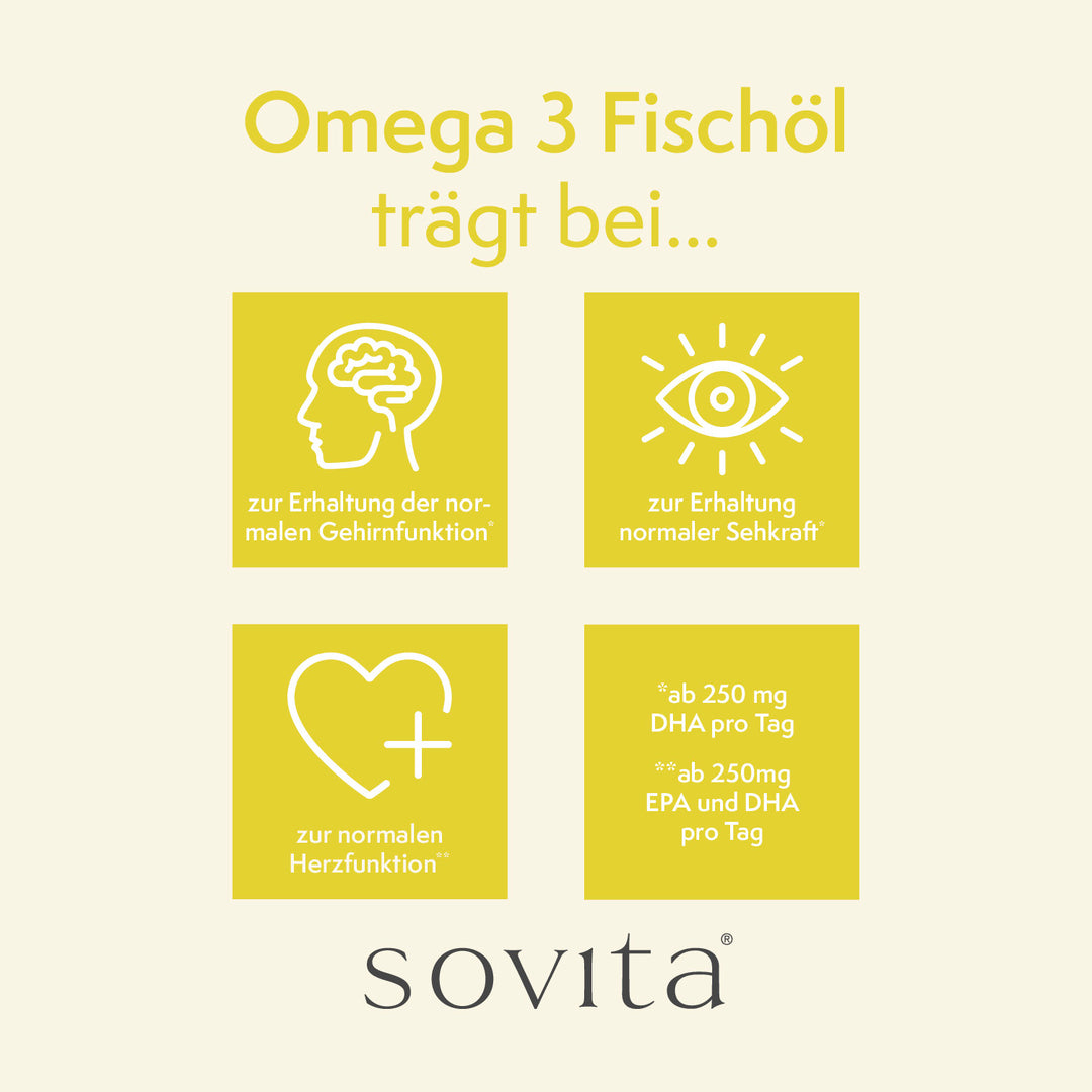 Infografik zu den vier Wirkbereichen der sovita Omega-3 Fischöl Kapseln