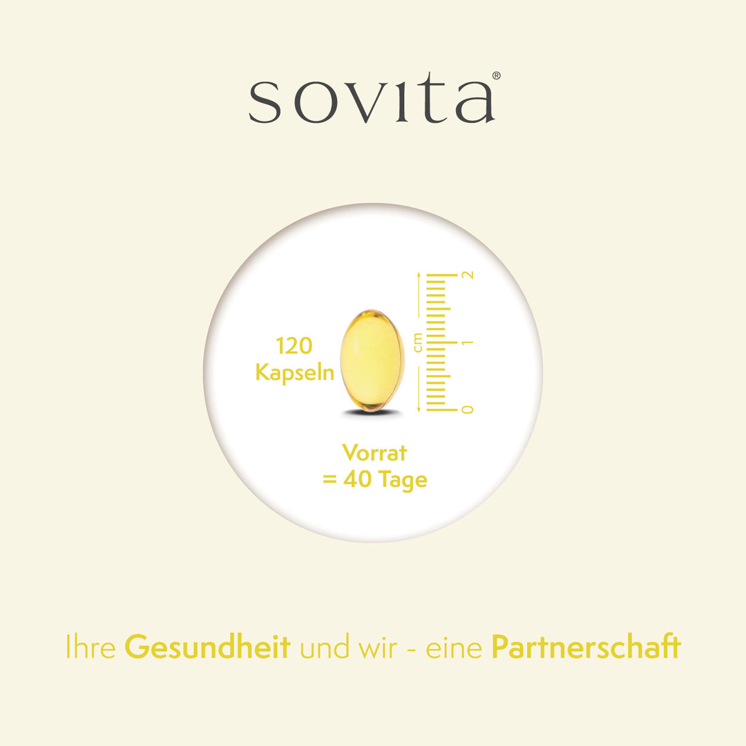 Einzelne Kapsel der sovita Omega-3 Fischöl Kapseln mit Größenangabe und Reichweiteninfo