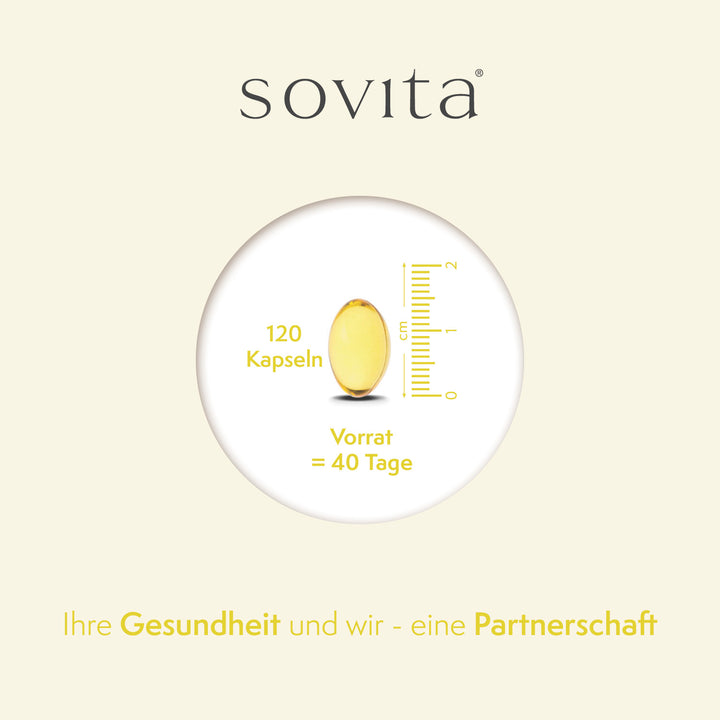 Einzelne Kapsel der sovita Omega-3 Fischöl Kapseln mit Größenangabe und Reichweiteninfo