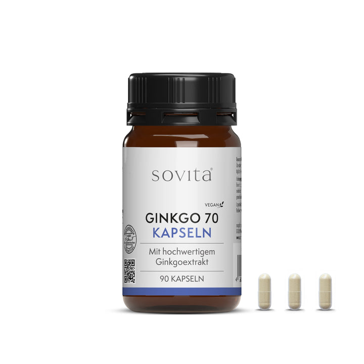 Produktabbildung der sovita Ginkgo 70 Kapseln mit drei hellen Kapseln rechts neben der braunen Flasche mit weiß-blauem Etikett