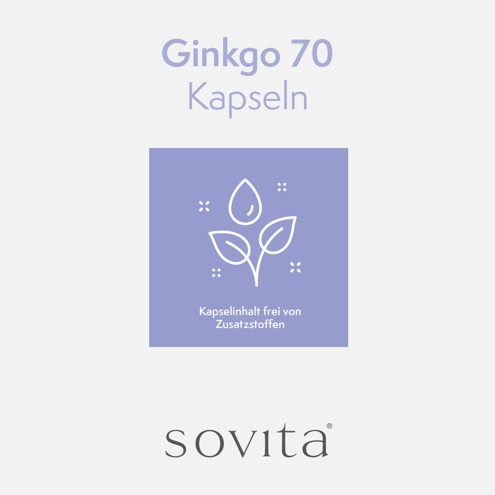 Grafische Darstellung zur Reinheit der Ginkgo 70 Kapseln mit weißem Pflanzen-Icon auf violettem Quadrat und dem Text „Kapselinhalt frei von Zusatzstoffen“