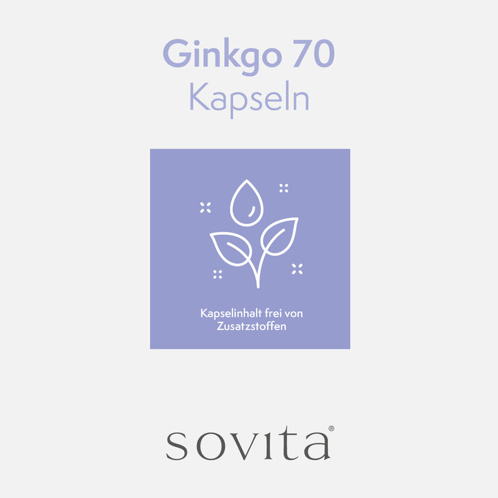 Grafische Darstellung zur Reinheit der Ginkgo 70 Kapseln mit weißem Pflanzen-Icon auf violettem Quadrat und dem Text „Kapselinhalt frei von Zusatzstoffen“