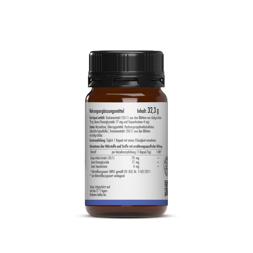 Rückseite der Ginkgo 70 Verpackung mit detaillierter Zutatenliste, Nährwertangaben pro Kapsel und Angabe des Füllgewichts von 32,3 g