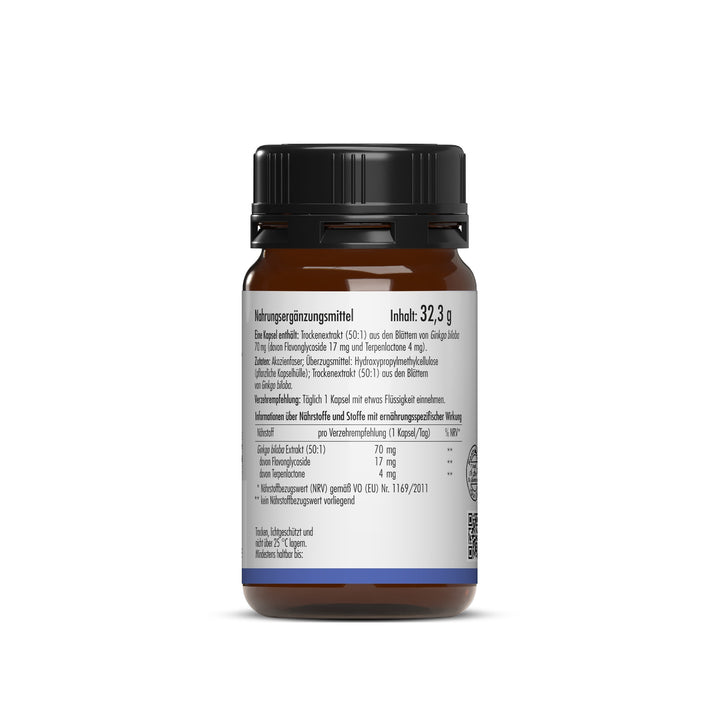 Rückseite der Ginkgo 70 Verpackung mit detaillierter Zutatenliste, Nährwertangaben pro Kapsel und Angabe des Füllgewichts von 32,3 g