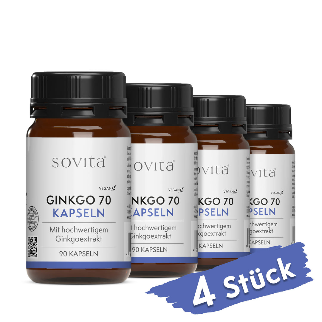 Vier Dosen sovita Ginkgo 70 Kapseln nebeneinander auf weißem Hintergrund, mit drei beigen Kapseln rechts und rotem Hinweis „4 Stück“