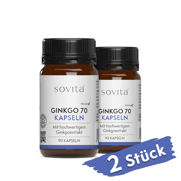 Zwei Dosen sovita Ginkgo 70 Kapseln nebeneinander auf weißem Hintergrund, mit drei beigen Kapseln rechts und rotem Hinweis „2 Stück“