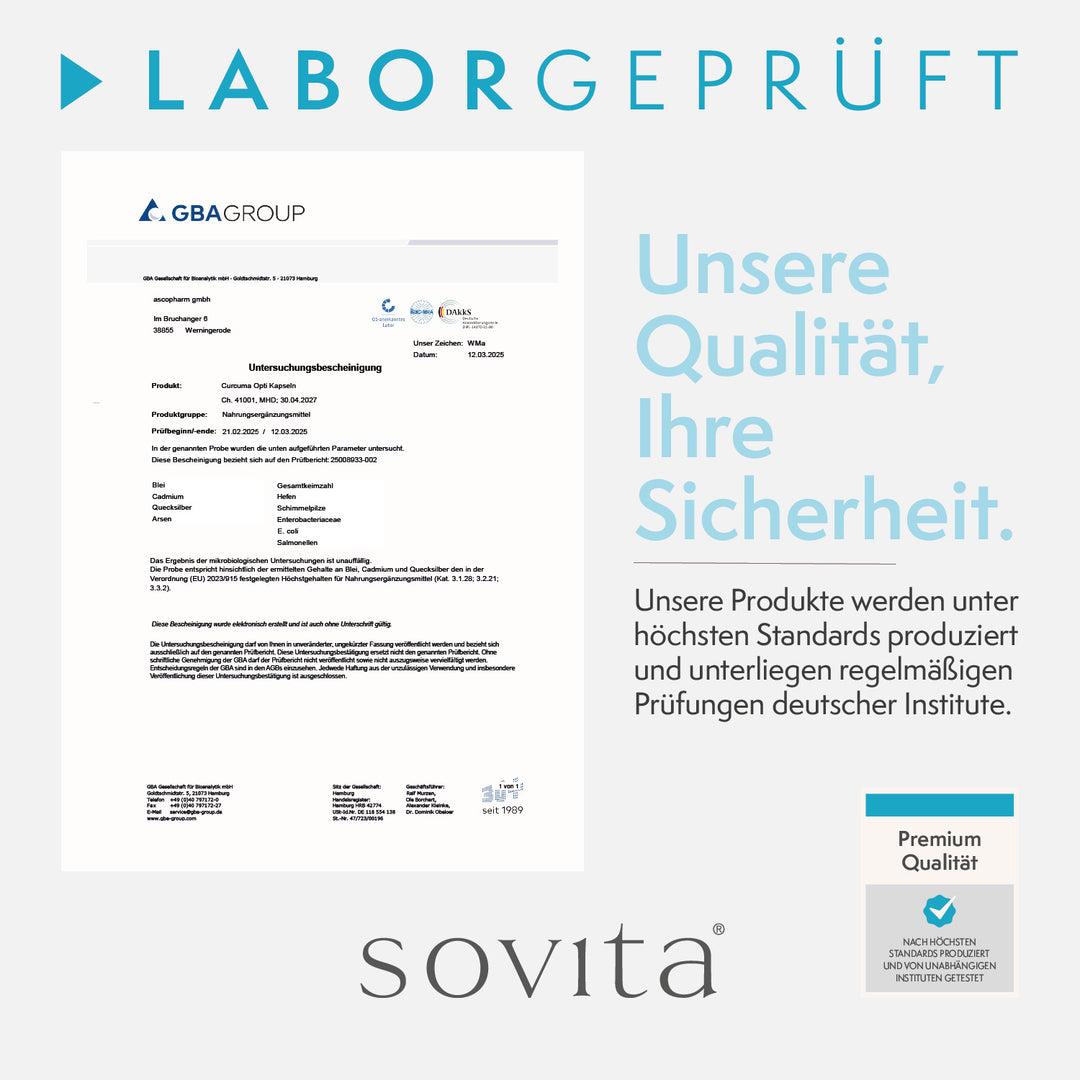 Laborbescheinigung und Qualitätsversprechen für sovita Curcuma Opti Kapseln mit Siegel und Prüfbericht