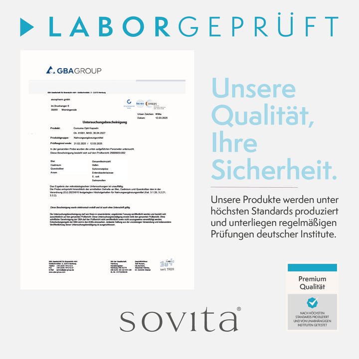 Laborbescheinigung und Qualitätsversprechen für sovita Curcuma Opti Kapseln mit Siegel und Prüfbericht