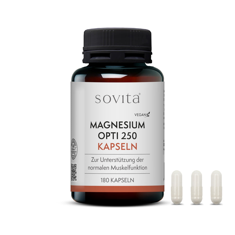 Produktabbildung der sovita Magnesium Opti 250 Kapseln mit 180 Kapseln in Kunststoffdose, drei Kapseln daneben abgebildet.