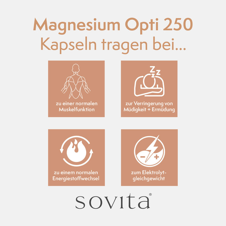Grafik mit vier Symbolen und Texten zu den Vorteilen der sovita Magnesium Opti 250 Kapseln: Unterstützung der normalen Muskelfunktion, Verringerung von Müdigkeit und Ermüdung, Beitrag zum normalen Energiestoffwechsel sowie zum Elektrolytgleichgewicht.