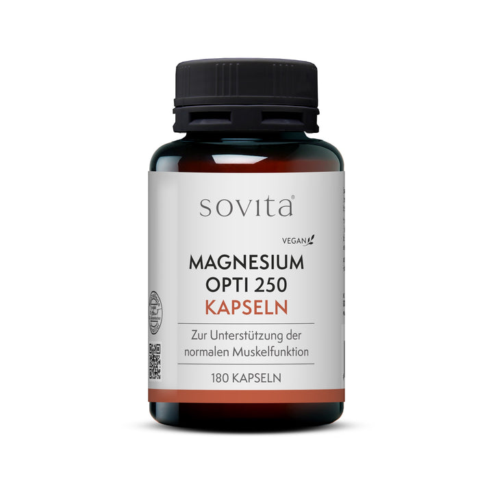 Frontalansicht der Produktverpackung der sovita Magnesium Opti 250 Kapseln mit 180 Kapseln.