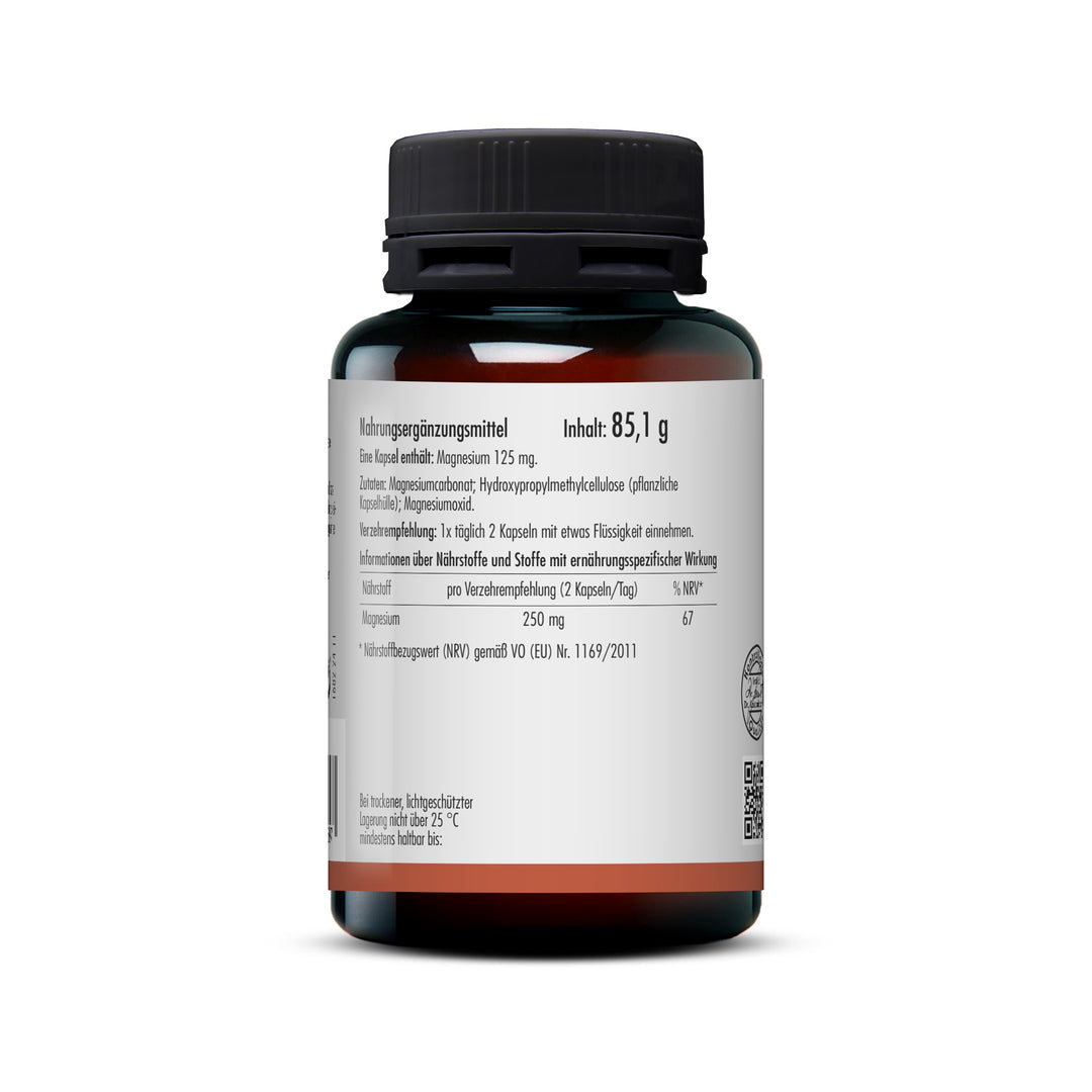 Rückseite der Produktverpackung mit Nährwerttabelle, Zutaten und Einnahmeempfehlung der sovita Magnesium Opti 250 Kapseln.