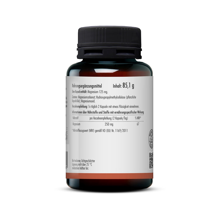 Rückseite der Produktverpackung mit Nährwerttabelle, Zutaten und Einnahmeempfehlung der sovita Magnesium Opti 250 Kapseln.