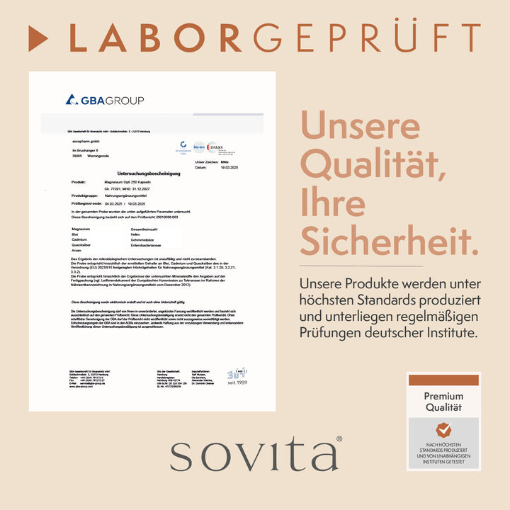 Infografik zur Laborprüfung bei sovita Produkten mit Untersuchungsbescheinigung, Text: Unsere Qualität, Ihre Sicherheit – regelmäßig geprüft durch deutsche Institute.