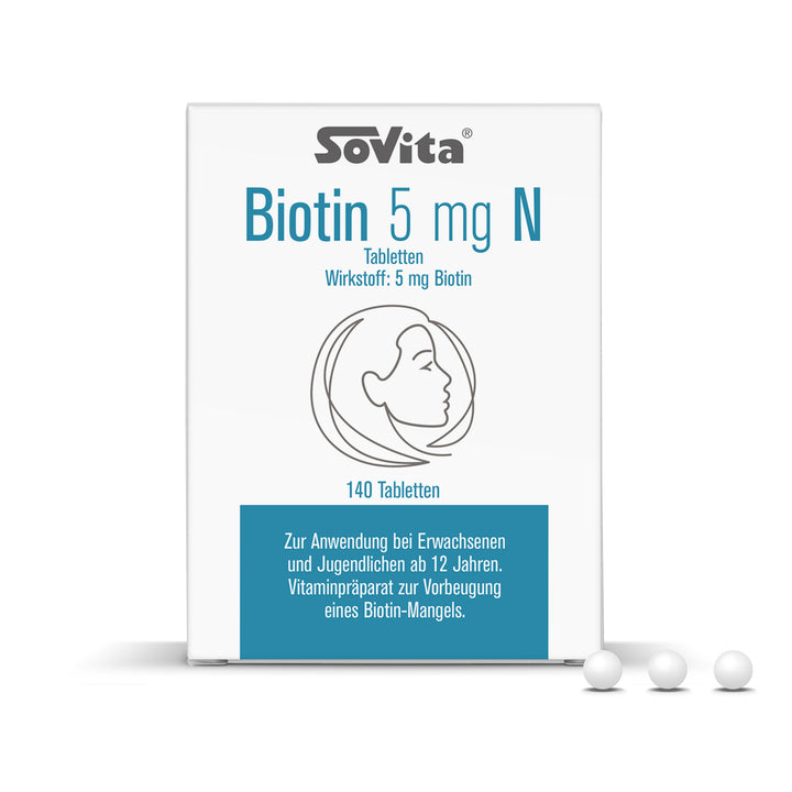 Produktabbildung der Sovita Biotin 5 mg N Tabletten mit 140 Tabletten, inklusive drei Tabletten im Vordergrund.
