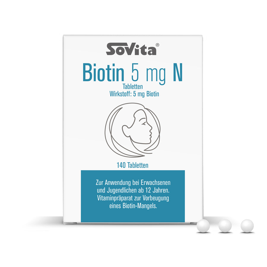 Produktabbildung der Sovita Biotin 5 mg N Tabletten mit 140 Tabletten, inklusive drei Tabletten im Vordergrund.