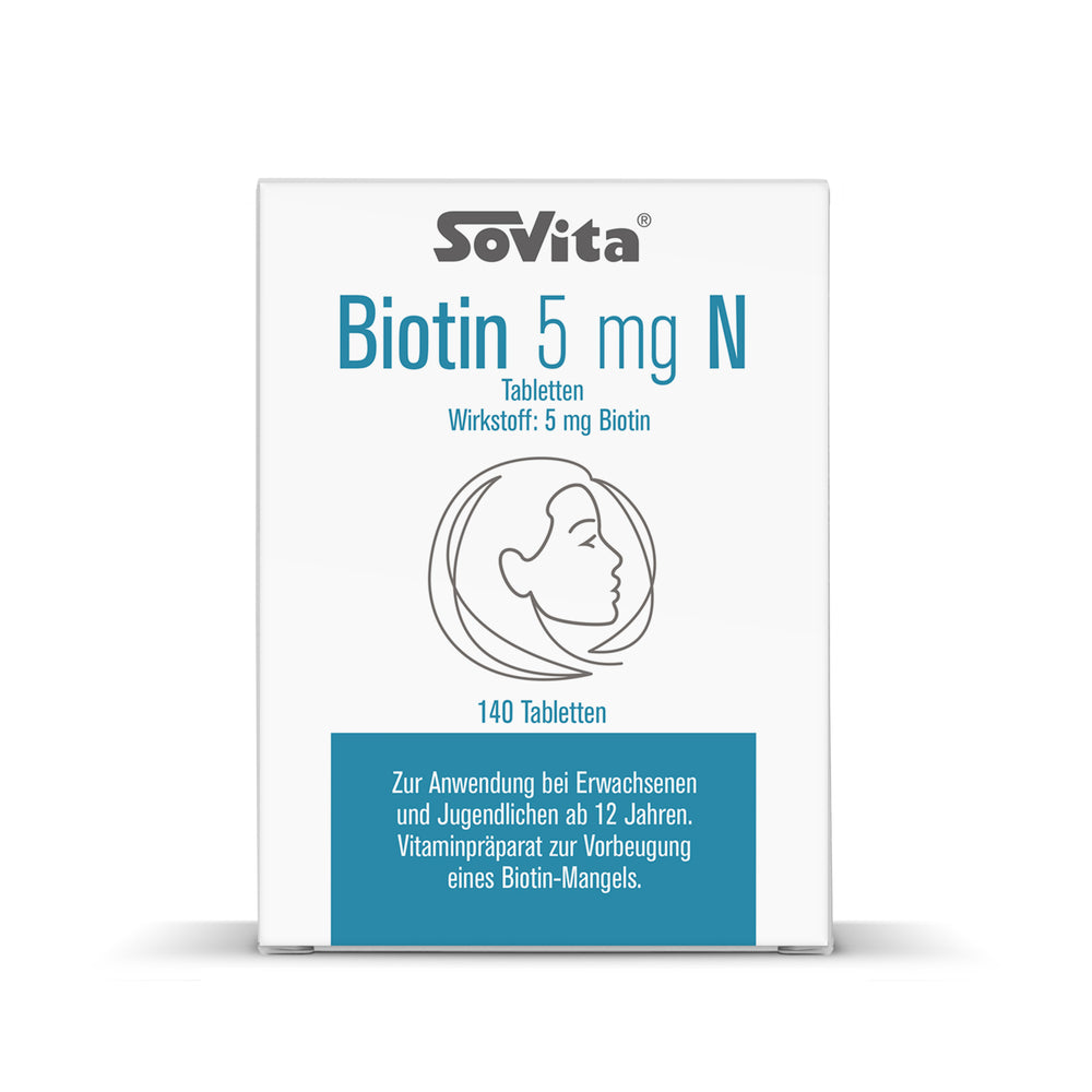 Vorderseite der Sovita Biotin 5 mg N Packung mit Produktbezeichnung, Wirkstoffangabe und Anwendungshinweis.