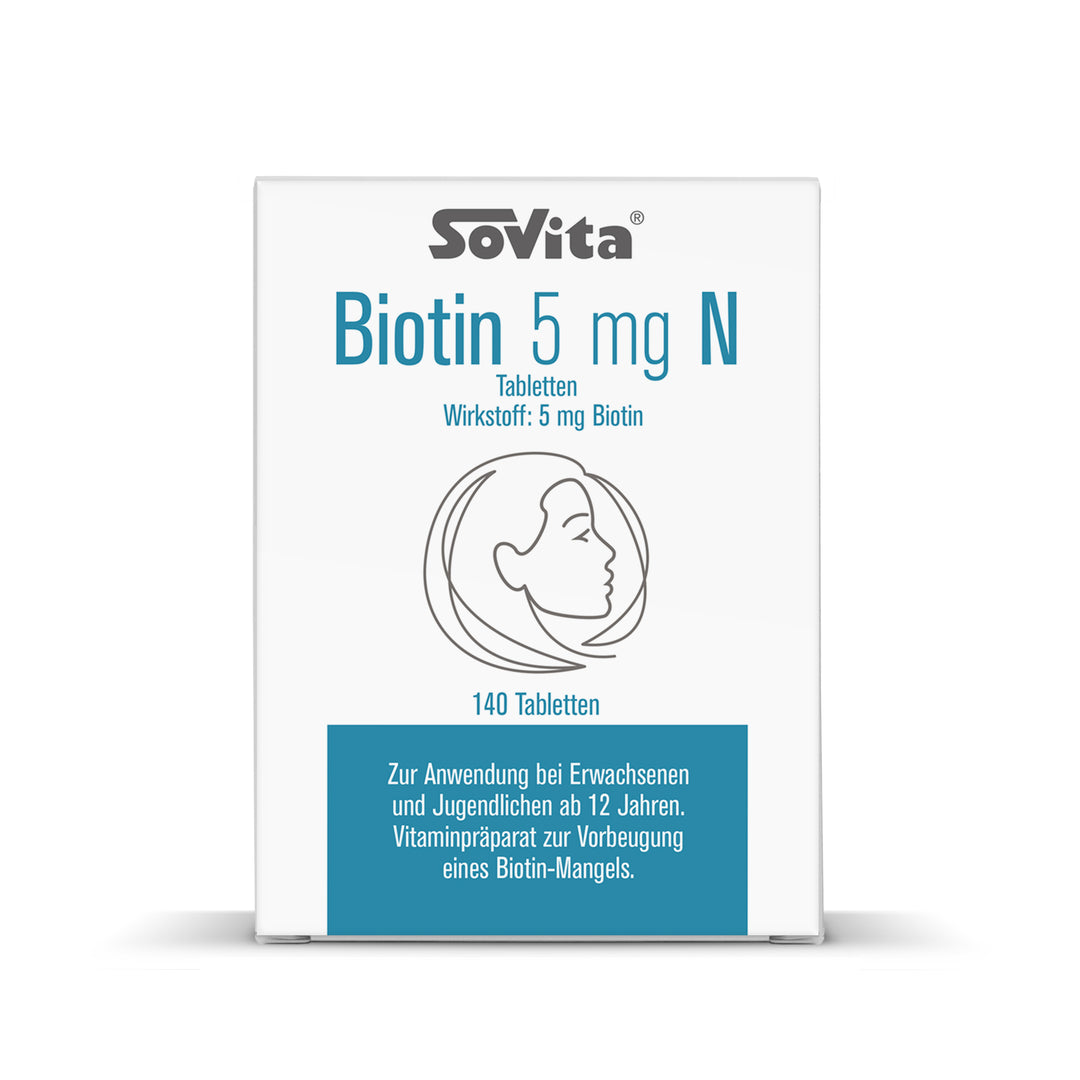 Vorderseite der Sovita Biotin 5 mg N Packung mit Produktbezeichnung, Wirkstoffangabe und Anwendungshinweis.
