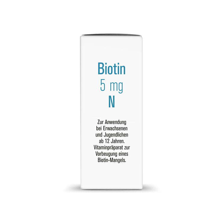 Seitenansicht der Sovita Biotin 5 mg N Packung mit Kurzbeschreibung zur Anwendung bei Biotin-Mangel.