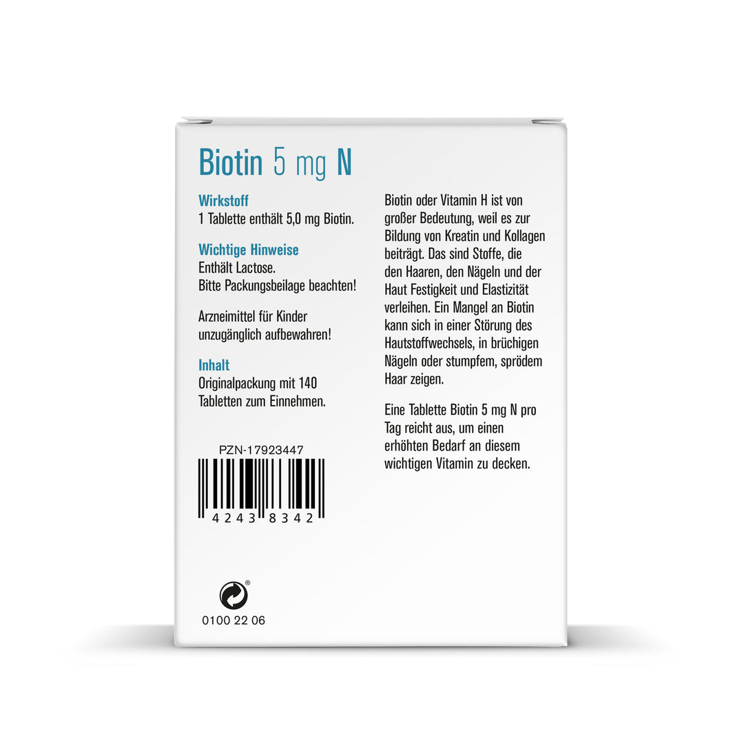 Rückseite der Sovita Biotin 5 mg N Packung mit Wirkstoffinformation, Hinweisen zur Einnahme und Anwendung.
