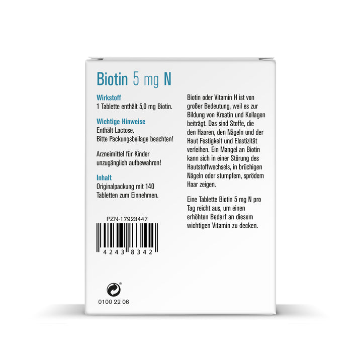 Rückseite der Sovita Biotin 5 mg N Packung mit Wirkstoffinformation, Hinweisen zur Einnahme und Anwendung.