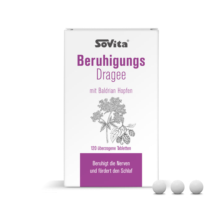 Vorderseite der Verpackung sovita Beruhigungs Dragee mit Hinweis „Beruhigt die Nerven und fördert den Schlaf“ und drei Tabletten vorne