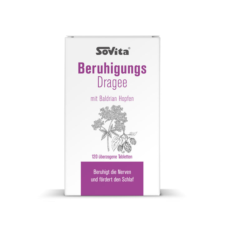 Vorderseite der Verpackung sovita Beruhigungs Dragee mit Illustration von Baldrian und Hopfen