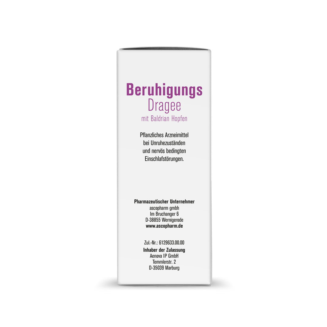 Seitenansicht der Verpackung sovita Beruhigungs Dragee mit Herstellerinformationen und Anwendungsbereich bei Unruhe und Einschlafstörungen