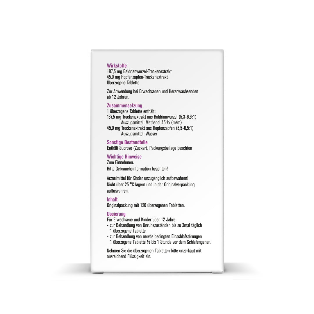 Rückseite der Verpackung sovita Beruhigungs Dragee mit Angaben zu Wirkstoffen, Zusammensetzung, Dosierung und wichtigen Hinweisen