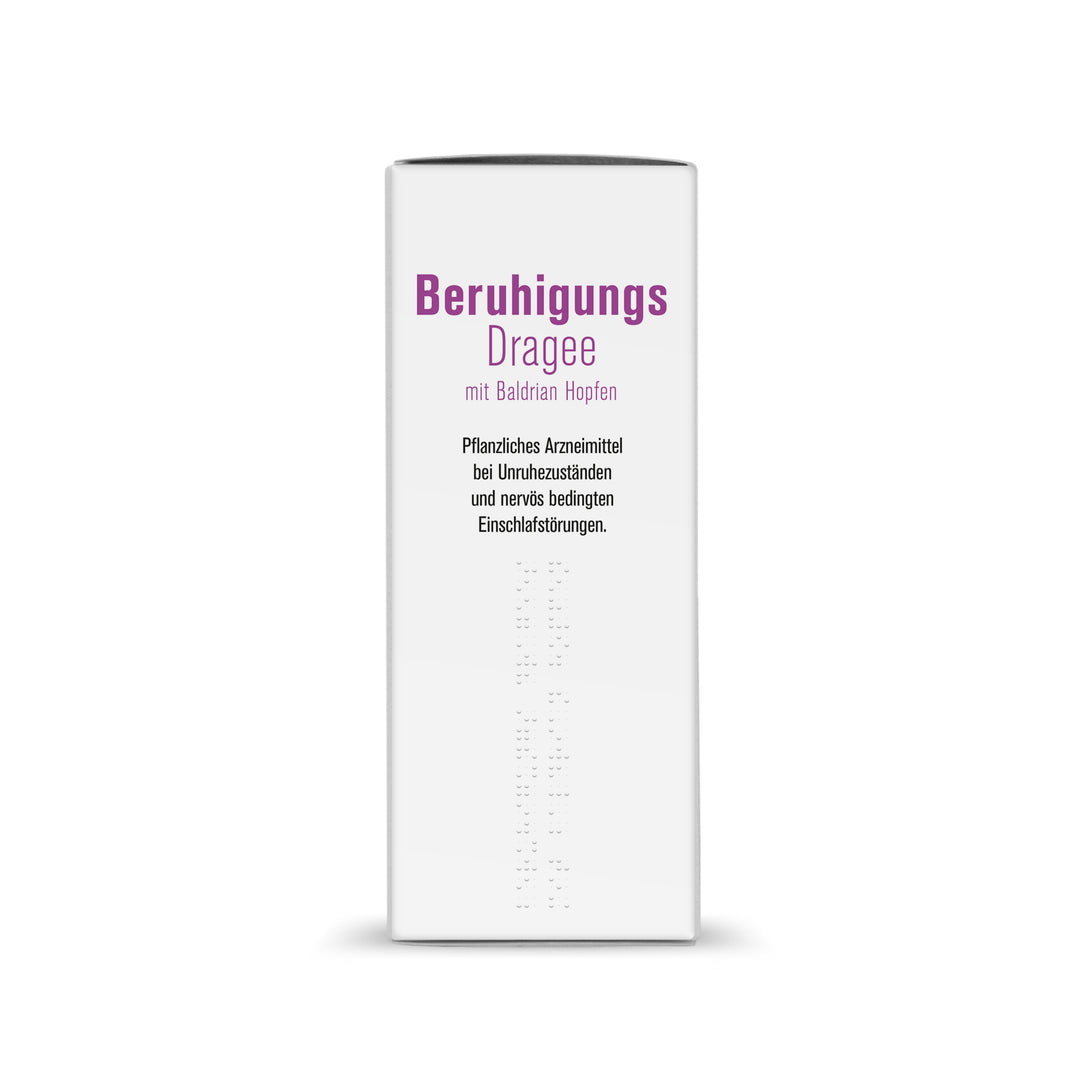 Seitenansicht der Verpackung sovita Beruhigungs Dragee mit Anwendungsinformationen und Brailleschrift