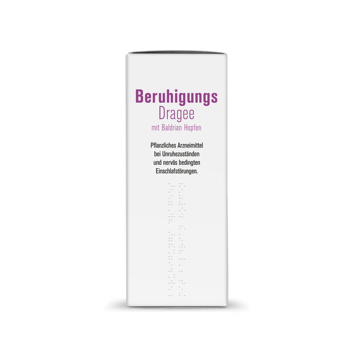 Seitenansicht der Verpackung sovita Beruhigungs Dragee mit Anwendungsinformationen und Brailleschrift