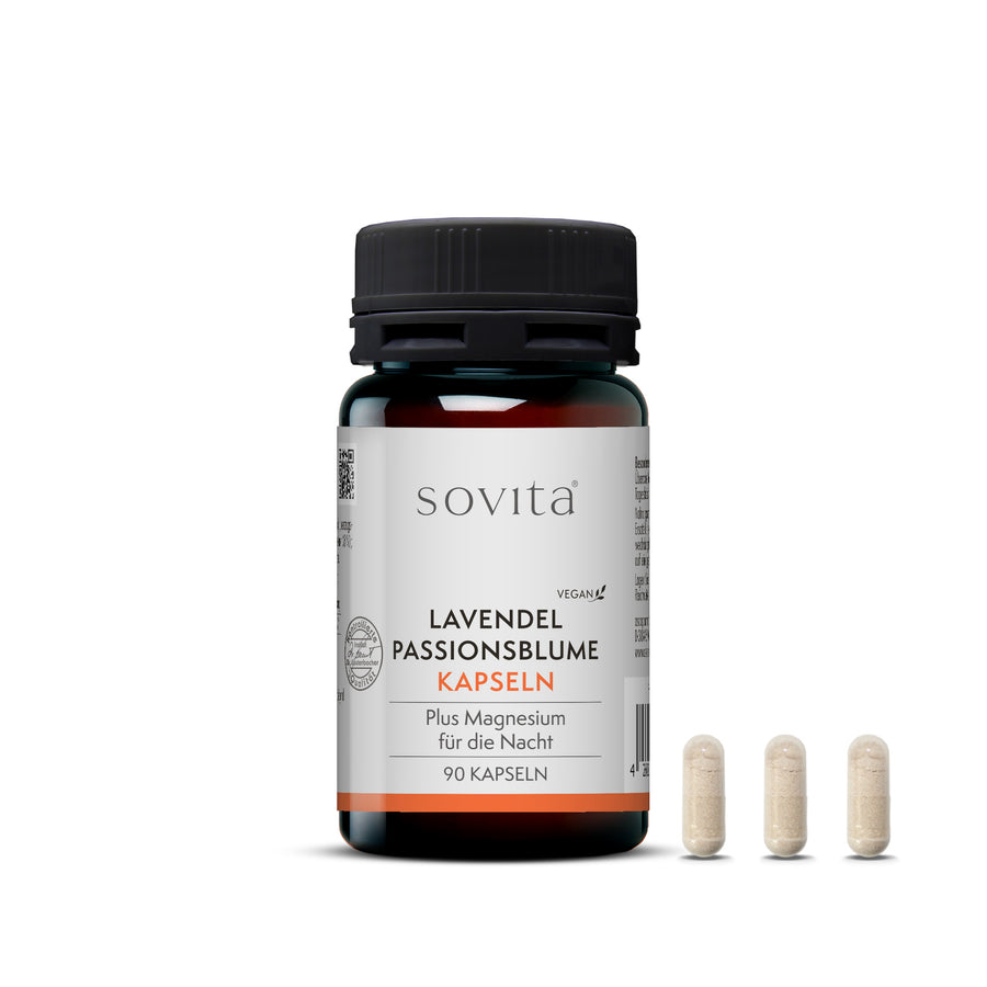 Dose sovita Lavendel Passionsblume Kapseln mit drei Kapseln daneben