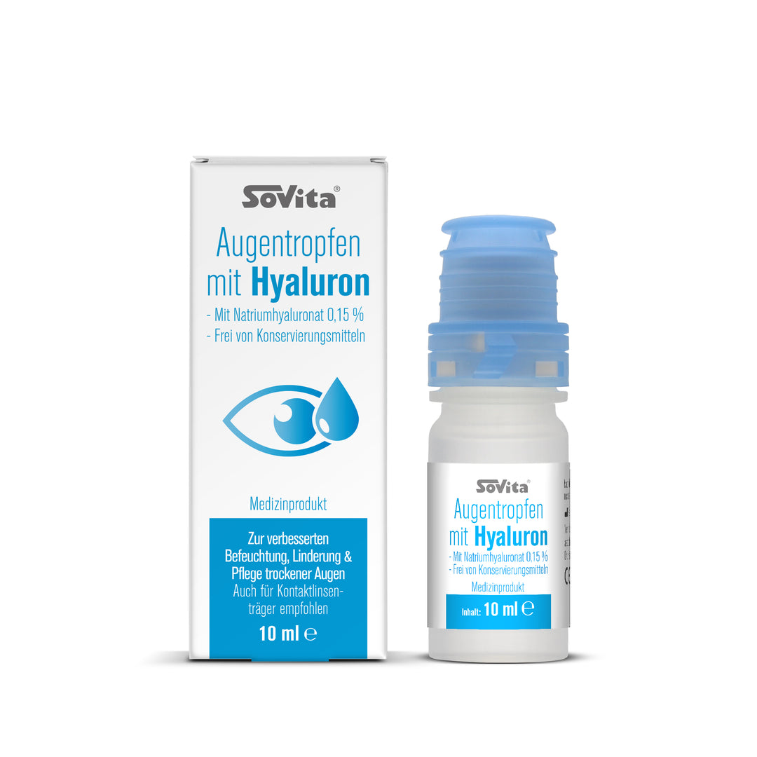 Sovita Augentropfen mit Hyaluron – Verpackung und Fläschchen mit Dosiersystem nebeneinander, 10 ml Medizinprodukt.